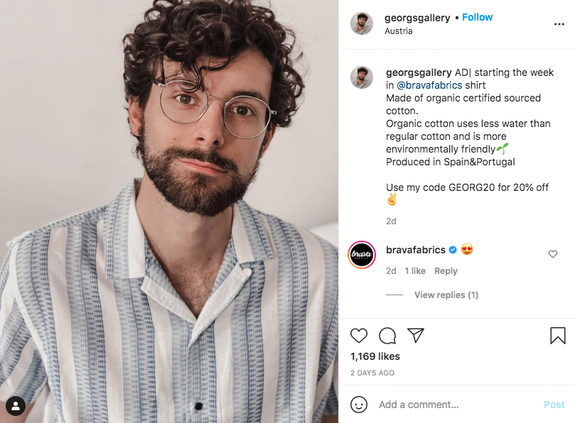 Fashion influencer @georgsgallery promoting his discount code for @bravafabrics.